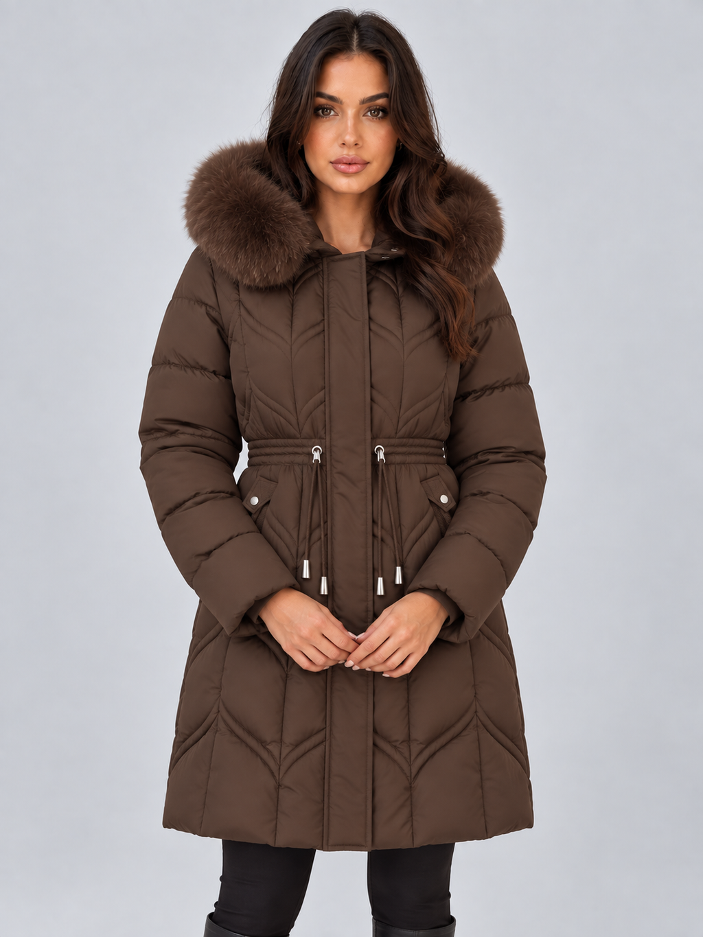 Women’s Faux Fur Hooded Puffer Coat – Quilted Drawstring Winter Parka Jacket