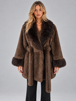 Women’s Faux Fur Trim Belted Coat – Shawl Collar Wrap Jacket