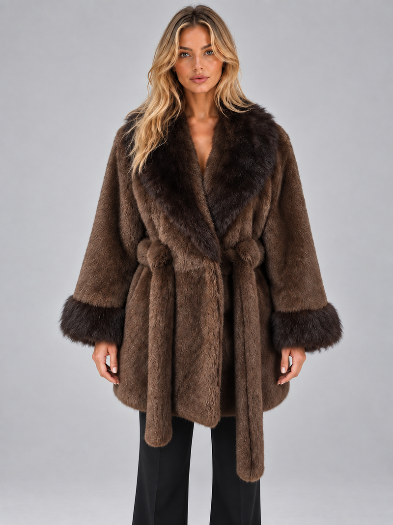 Women’s Faux Fur Trim Belted Coat – Shawl Collar Wrap Jacket