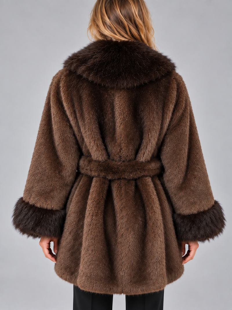 Women’s Faux Fur Trim Belted Coat – Shawl Collar Wrap Jacket