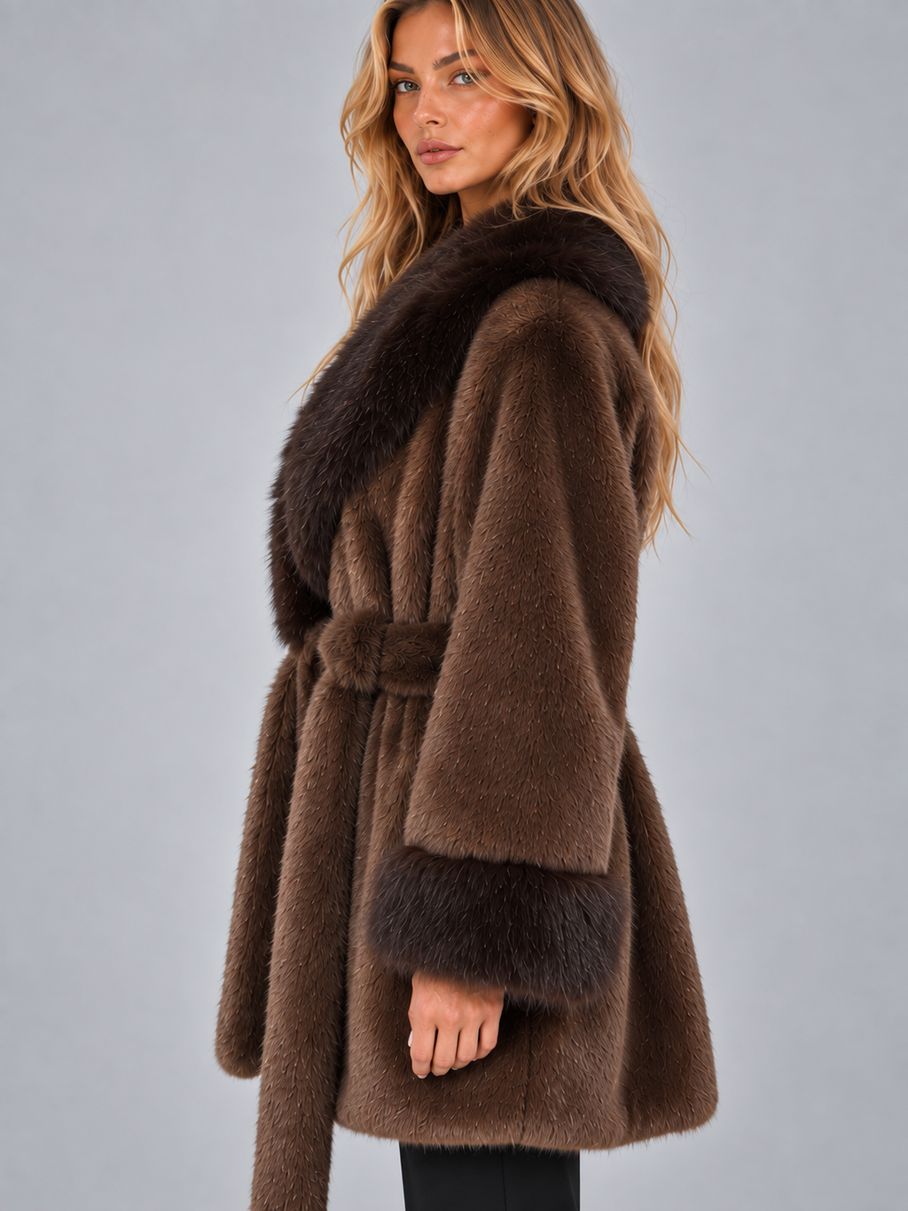 Women’s Faux Fur Trim Belted Coat – Shawl Collar Wrap Jacket