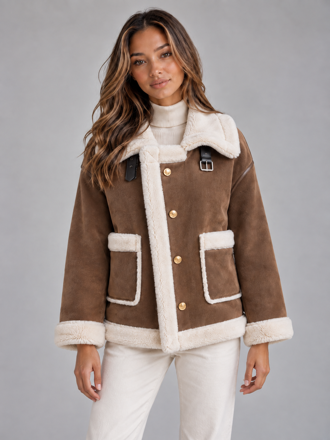 Women’s Faux Shearling Suede Look Jacket – Aviator Style Coat