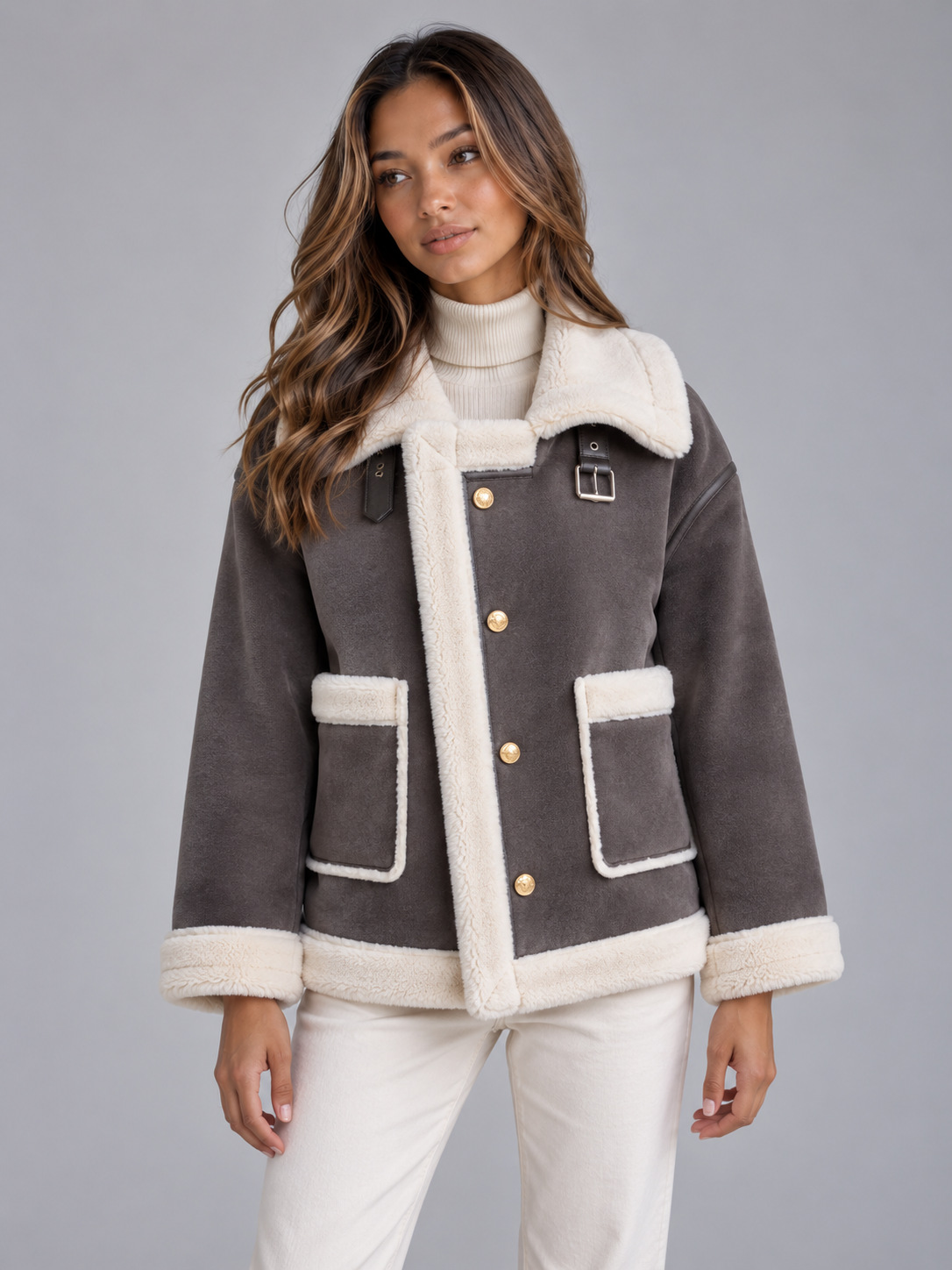 Women’s Faux Shearling Suede Look Jacket – Aviator Style Coat
