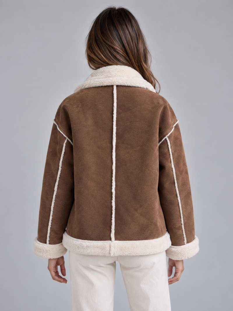 Women’s Faux Shearling Suede Look Jacket – Aviator Style Coat