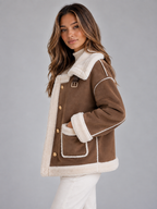 Women’s Faux Shearling Suede Look Jacket – Aviator Style Coat