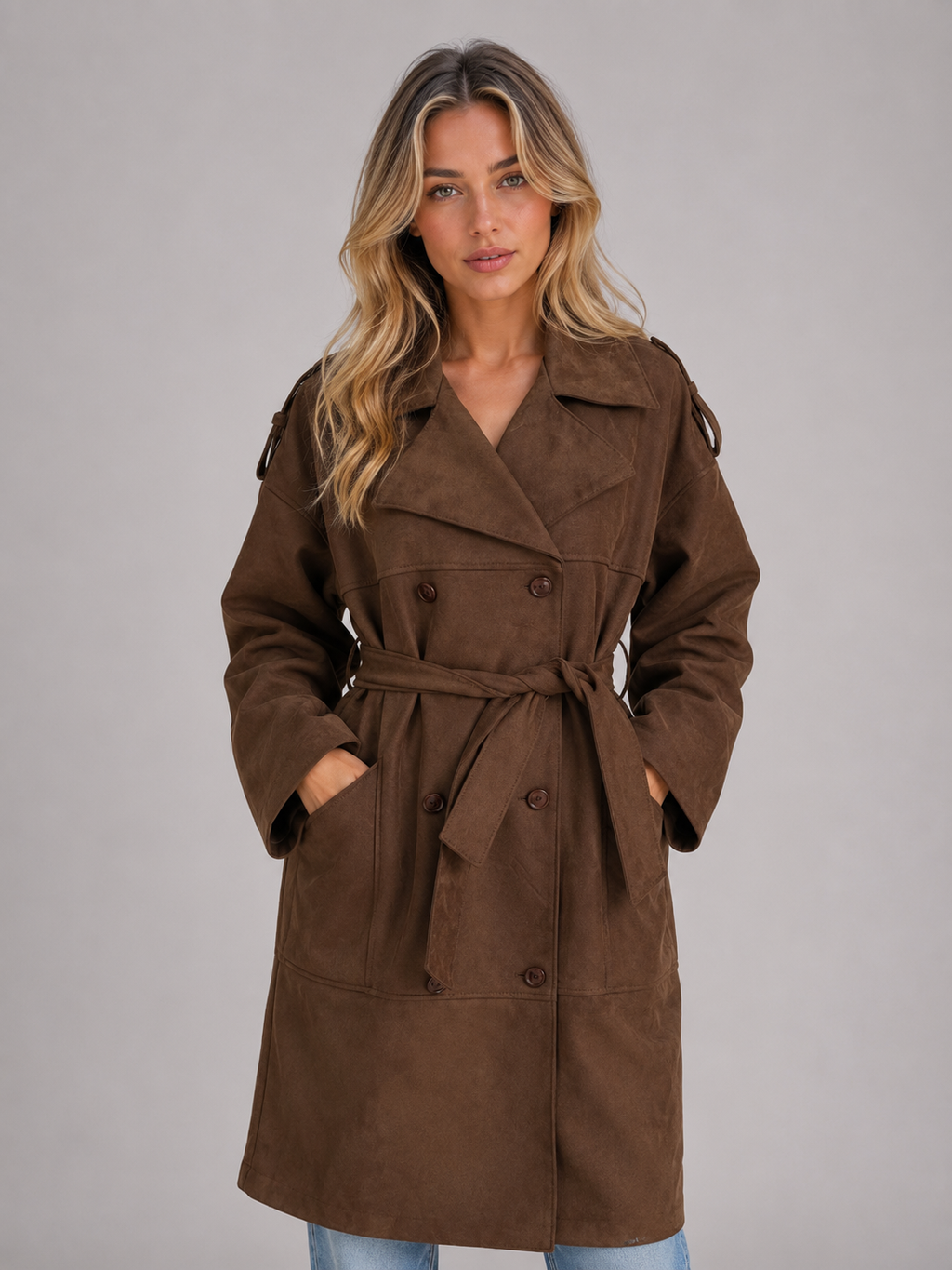 Women's Faux Suede Trench Coat – Belted Long Double-Breasted Style