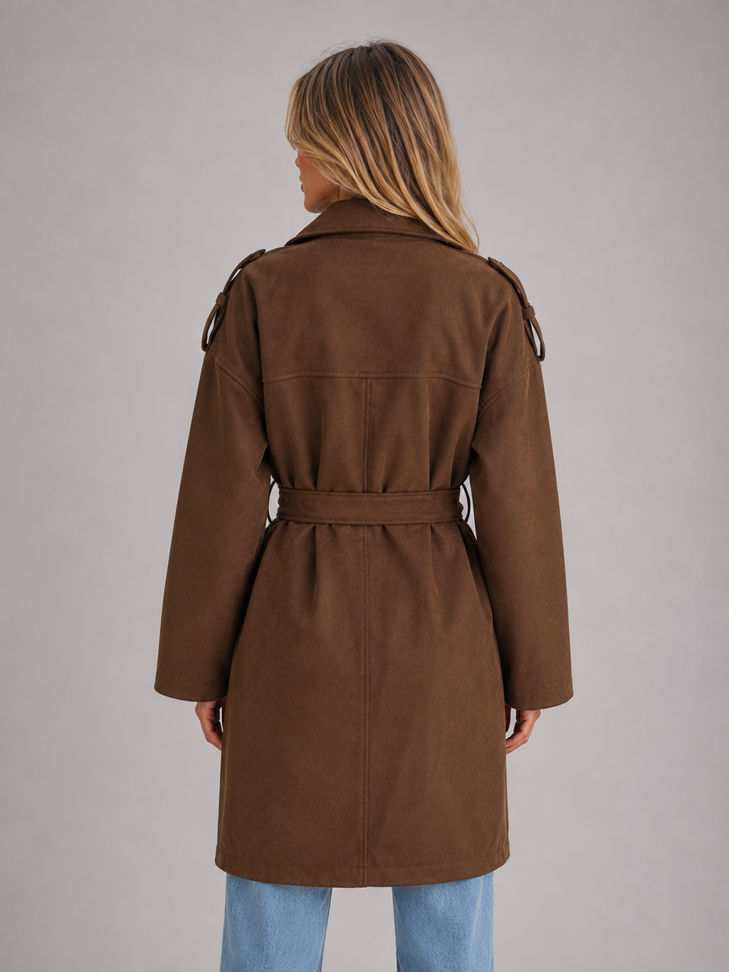 Women's Faux Suede Trench Coat – Belted Long Double-Breasted Style