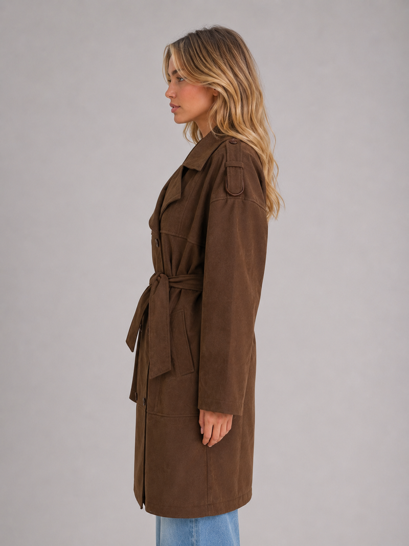Women's Faux Suede Trench Coat – Belted Long Double-Breasted Style