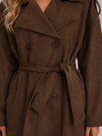 Women's Faux Suede Trench Coat – Belted Long Double-Breasted Style