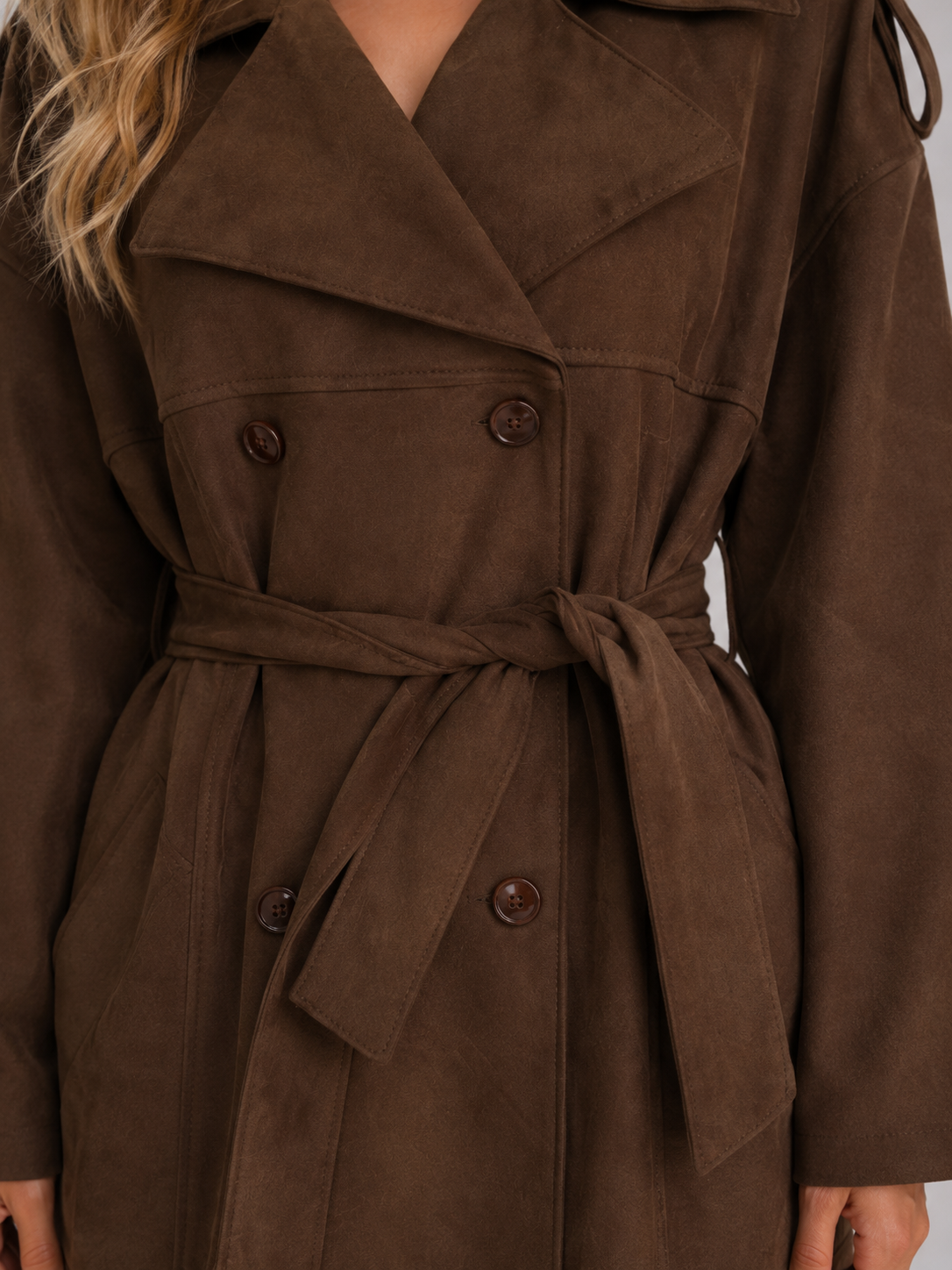 Women's Faux Suede Trench Coat – Belted Long Double-Breasted Style