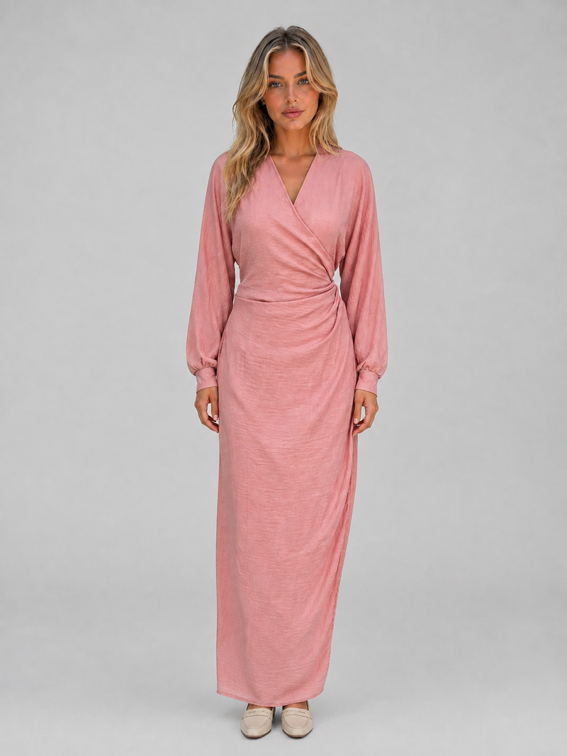 Women’s Flattering Wrap Maxi Dress – V-Neck Ruched Long Sleeve