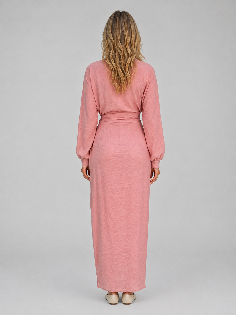 Women’s Flattering Wrap Maxi Dress – V-Neck Ruched Long Sleeve