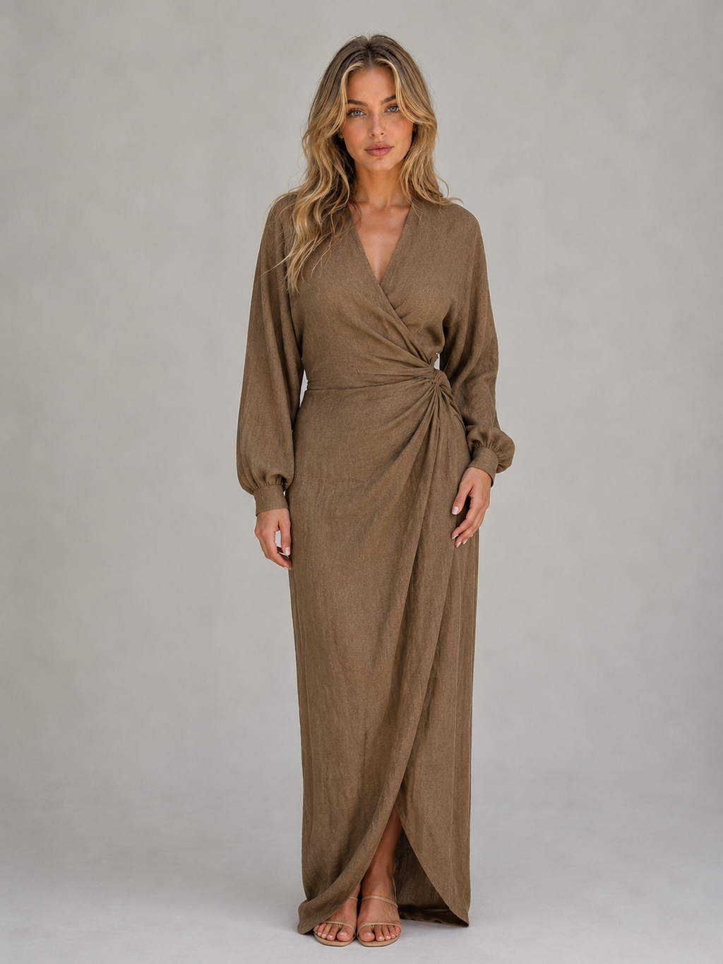 Women’s Flattering Wrap Maxi Dress – V-Neck Ruched Long Sleeve