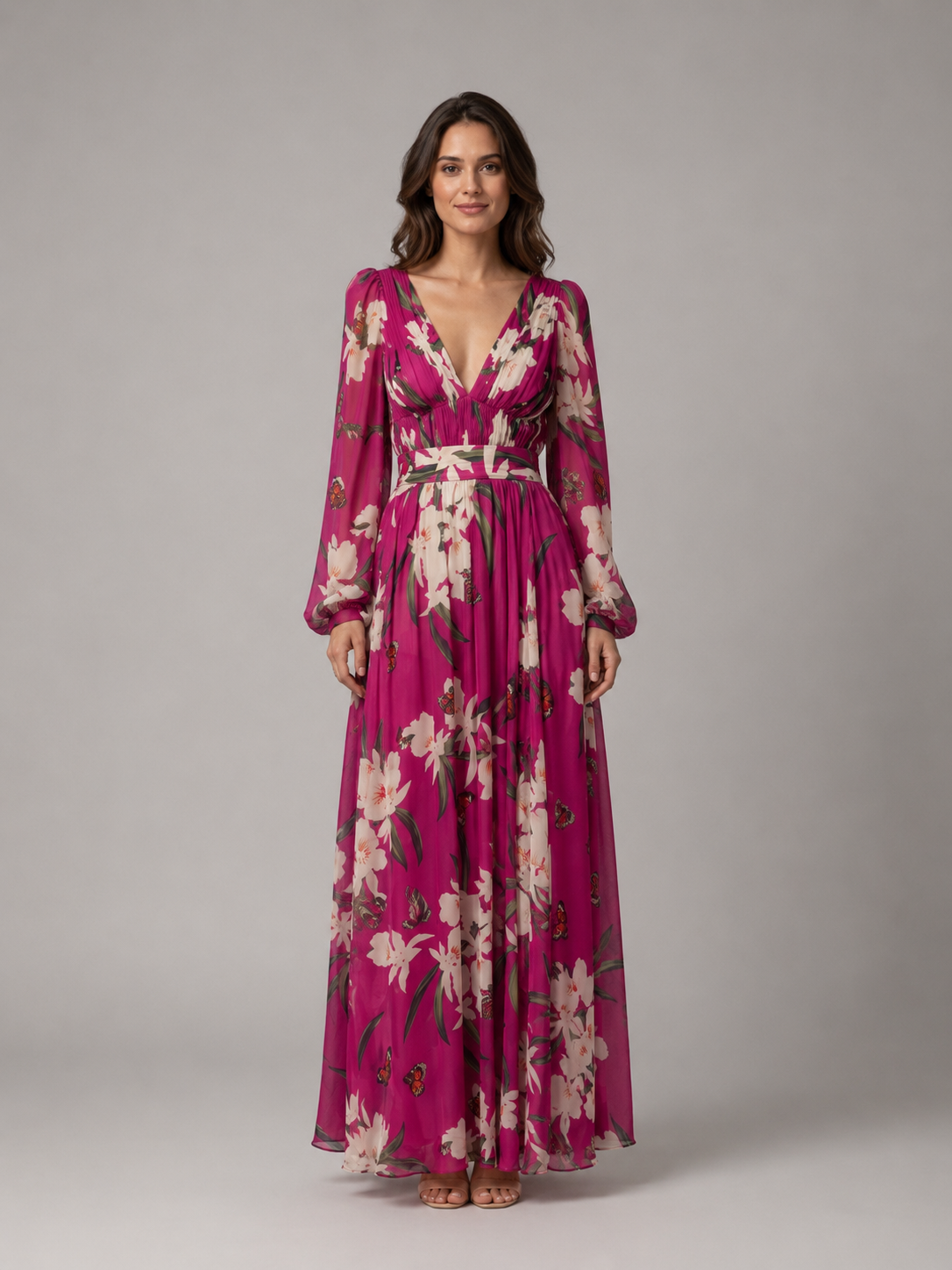 Women's Floral Chiffon Maxi Dress – Flattering Waist-Tie