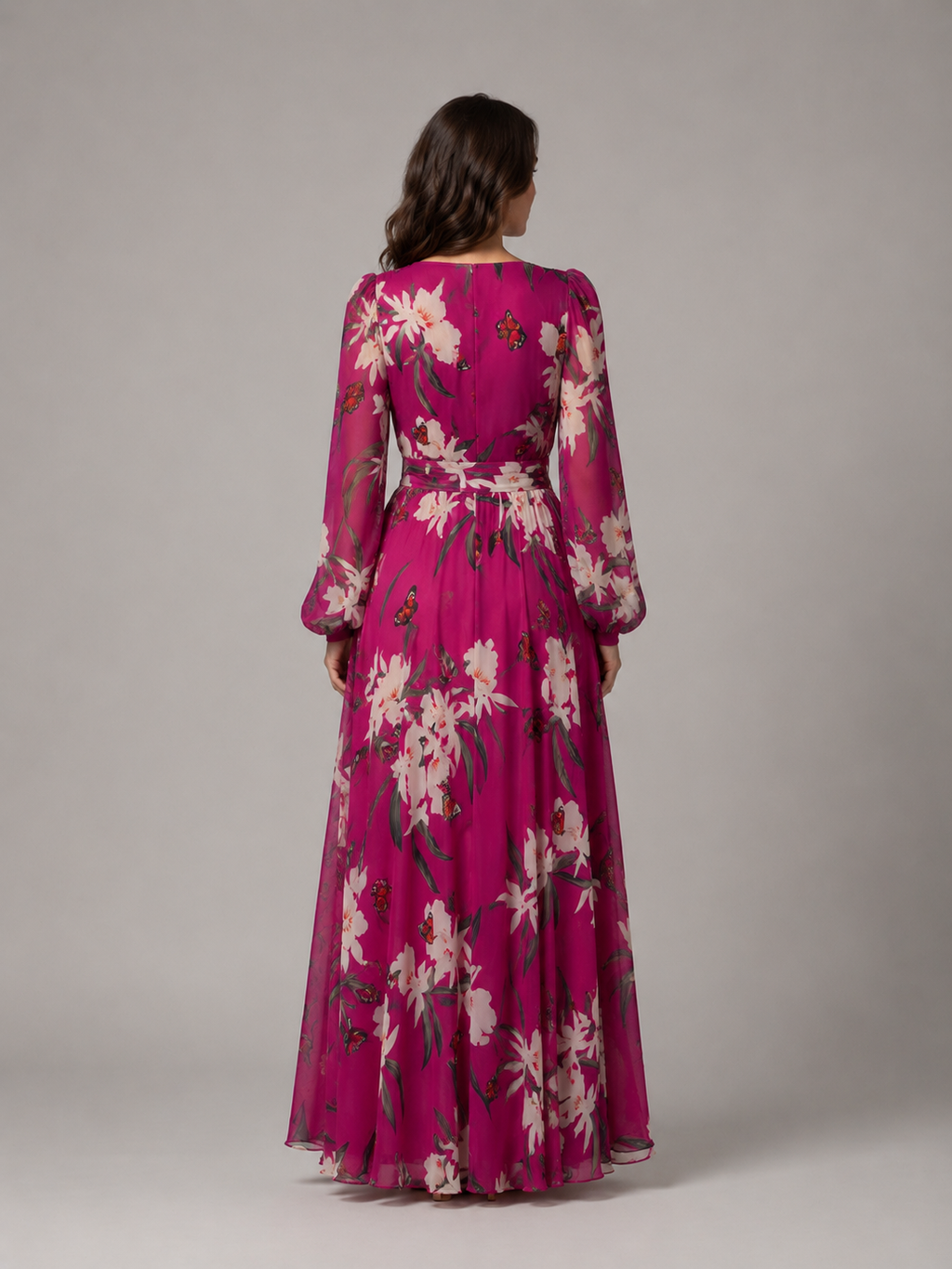 Women's Floral Chiffon Maxi Dress – Flattering Waist-Tie