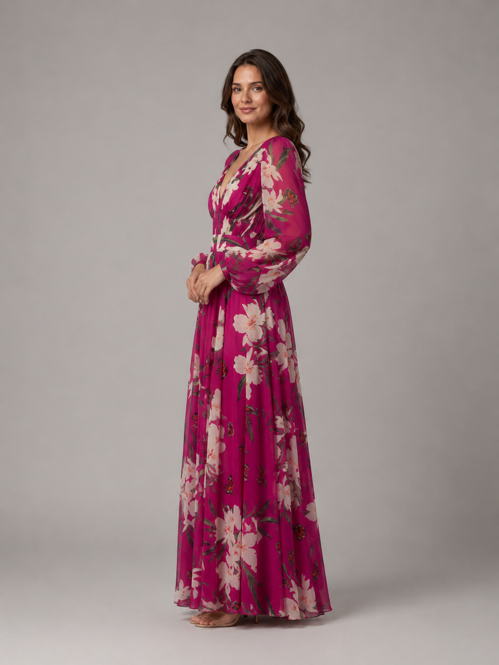 Women's Floral Chiffon Maxi Dress – Flattering Waist-Tie