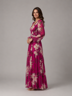 Women's Floral Chiffon Maxi Dress – Flattering Waist-Tie