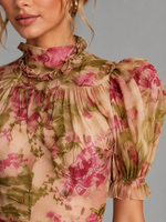 Women’s Floral Chiffon Maxi Dress – Puff Sleeve Fishtail Gown