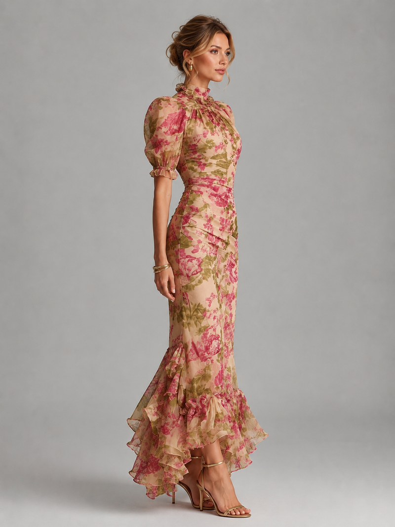 Women's Floral Chiffon Maxi Dress – Puff Sleeve Fishtail Gown – Montleigh