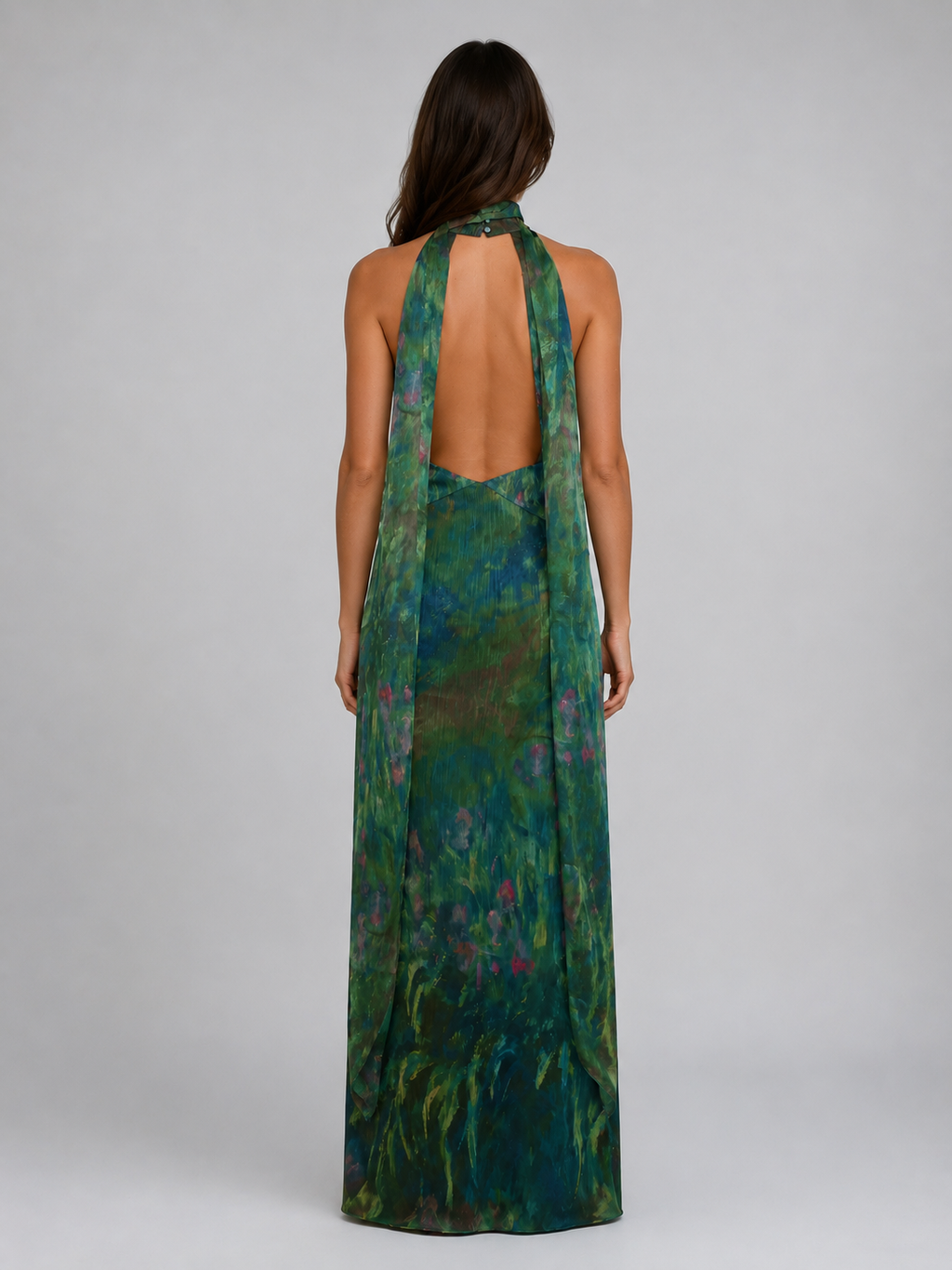Women's Floral Chiffon Maxi Dress – Scarf Neck Halter Design