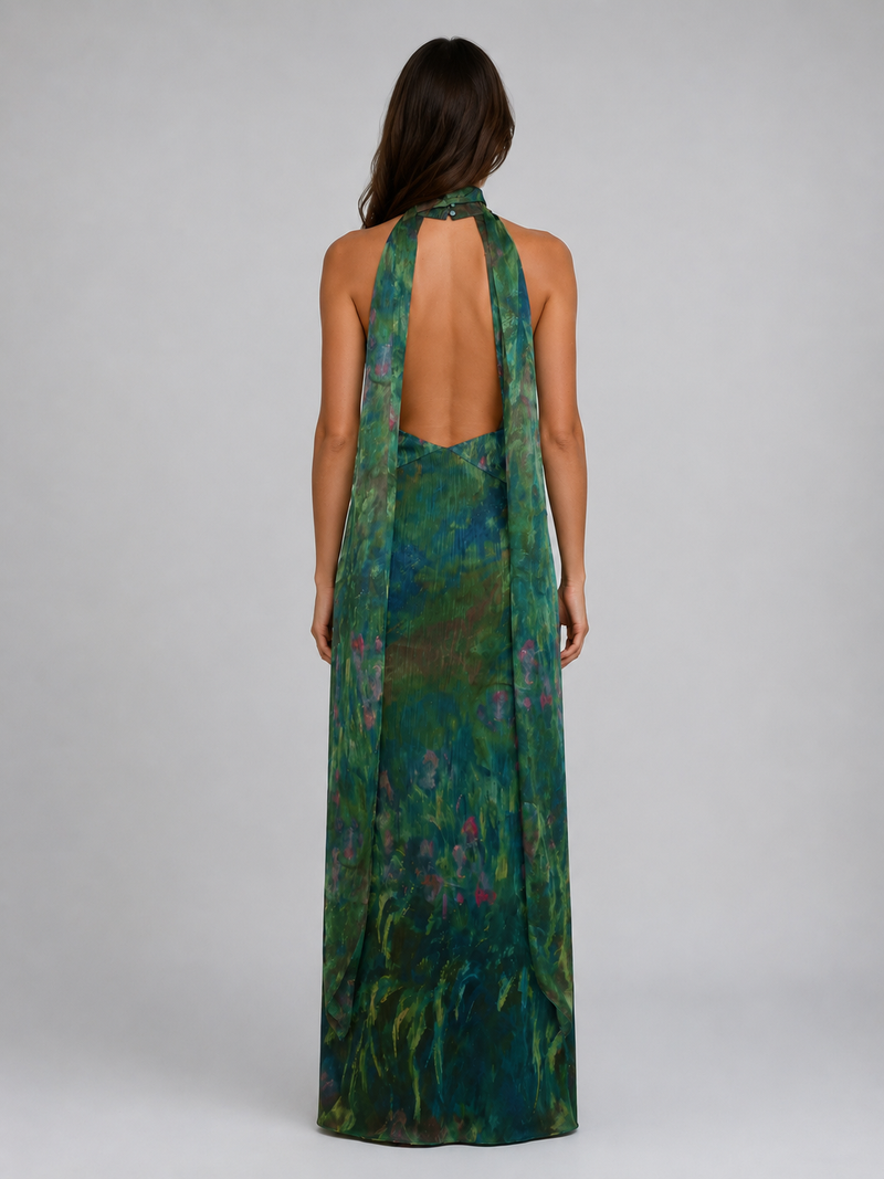 Women's Floral Chiffon Maxi Dress – Scarf Neck Halter Design