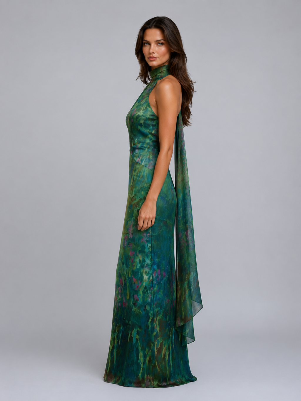 Women's Floral Chiffon Maxi Dress – Scarf Neck Halter Design
