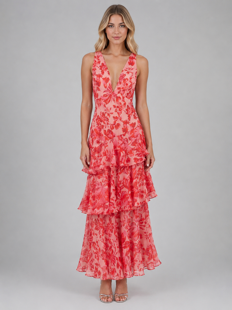 Women's Floral Chiffon Ruffle Maxi Dress – Summer Occassion Style – Montleigh