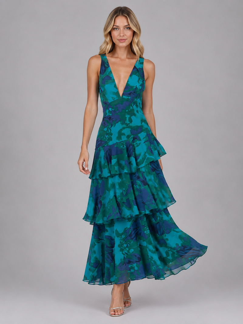 Women's Floral Chiffon Ruffle Maxi Dress – Summer Occassion Style – Montleigh
