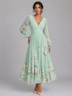 Women’s Floral Chiffon V-Neck Midi Dress – Flowing A-Line Fit