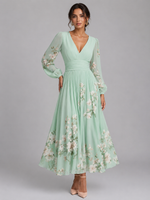 Women’s Floral Chiffon V-Neck Midi Dress – Flowing A-Line Fit