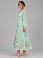 Women’s Floral Chiffon V-Neck Midi Dress – Flowing A-Line Fit