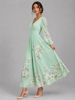 Women’s Floral Chiffon V-Neck Midi Dress – Flowing A-Line Fit
