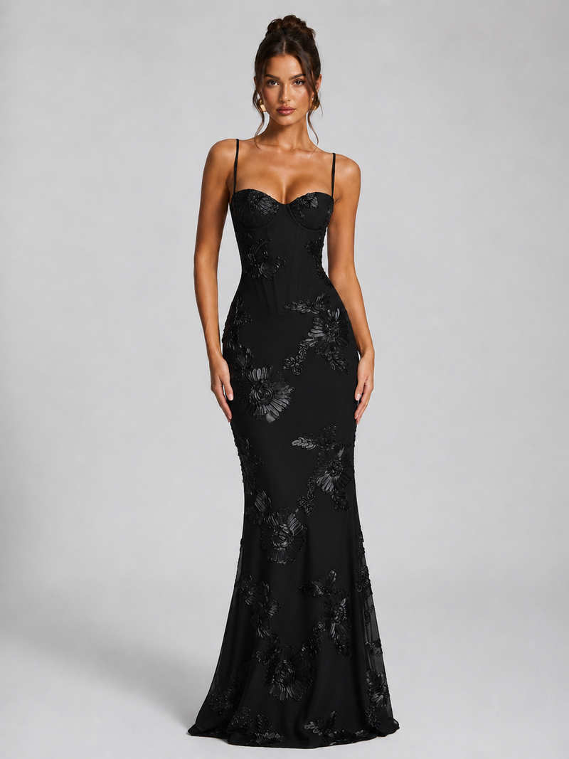 Women’s Floral Corset Maxi Dress – Sculpted Elegant Silhouette