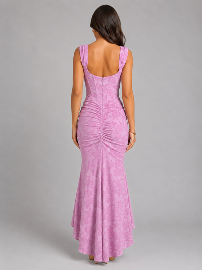 Women’s Floral Corset Maxi Dress with Asymmetrical Hem – Sculpted Silhouette