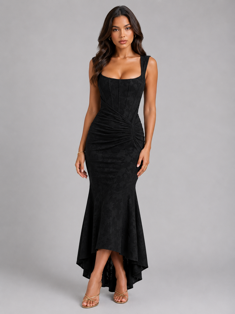 dress with asymmetrical hem Women’s Floral Corset Maxi Dress with Asymmetrical Hem – Sculpted Silh
