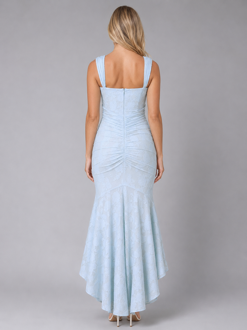 Women’s Ruched Lace Midi Dress – Sculpted Bodycon Fit