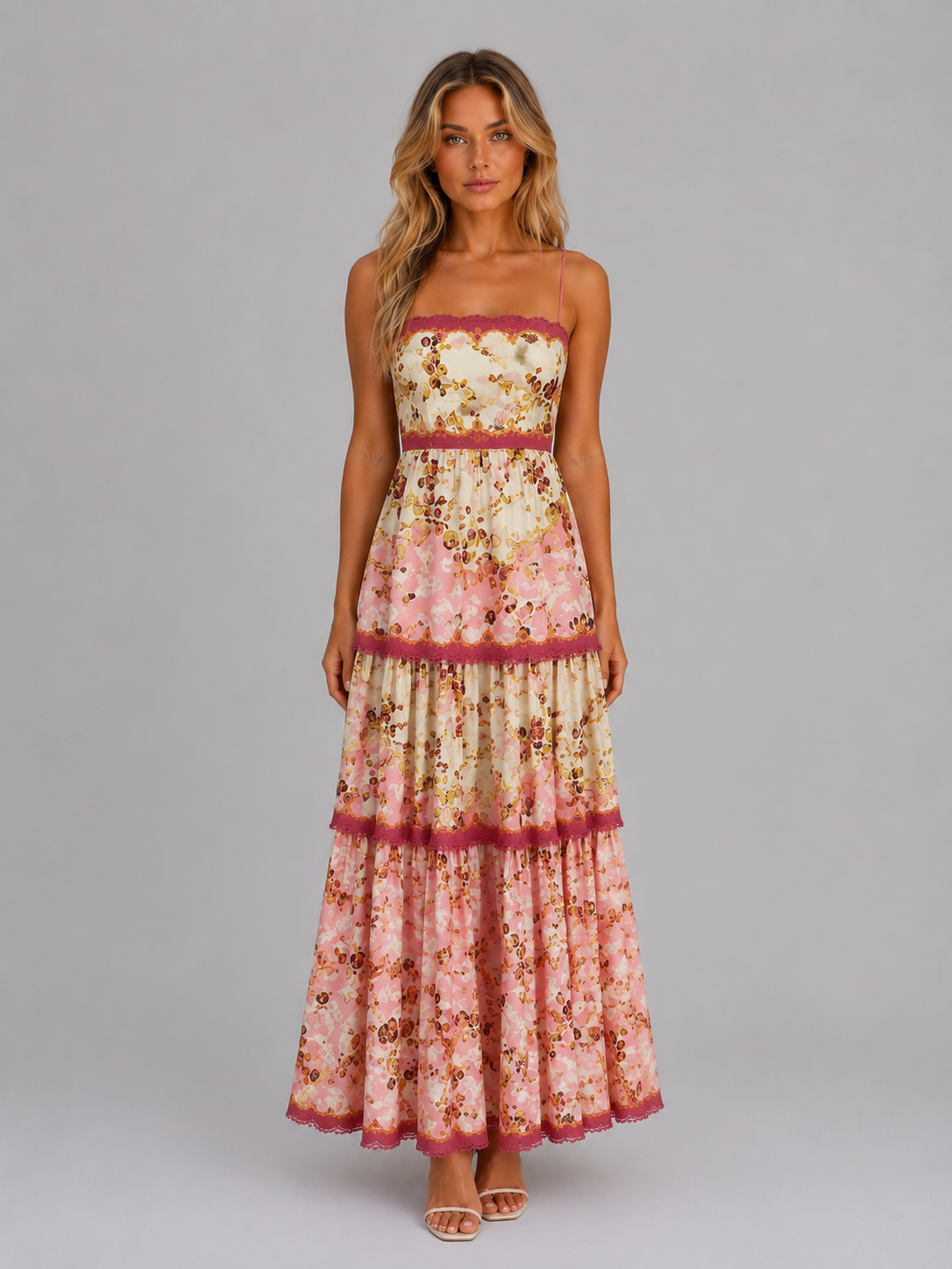 Women's Floral Cut Out Maxi Dress – Lace Up Back Style