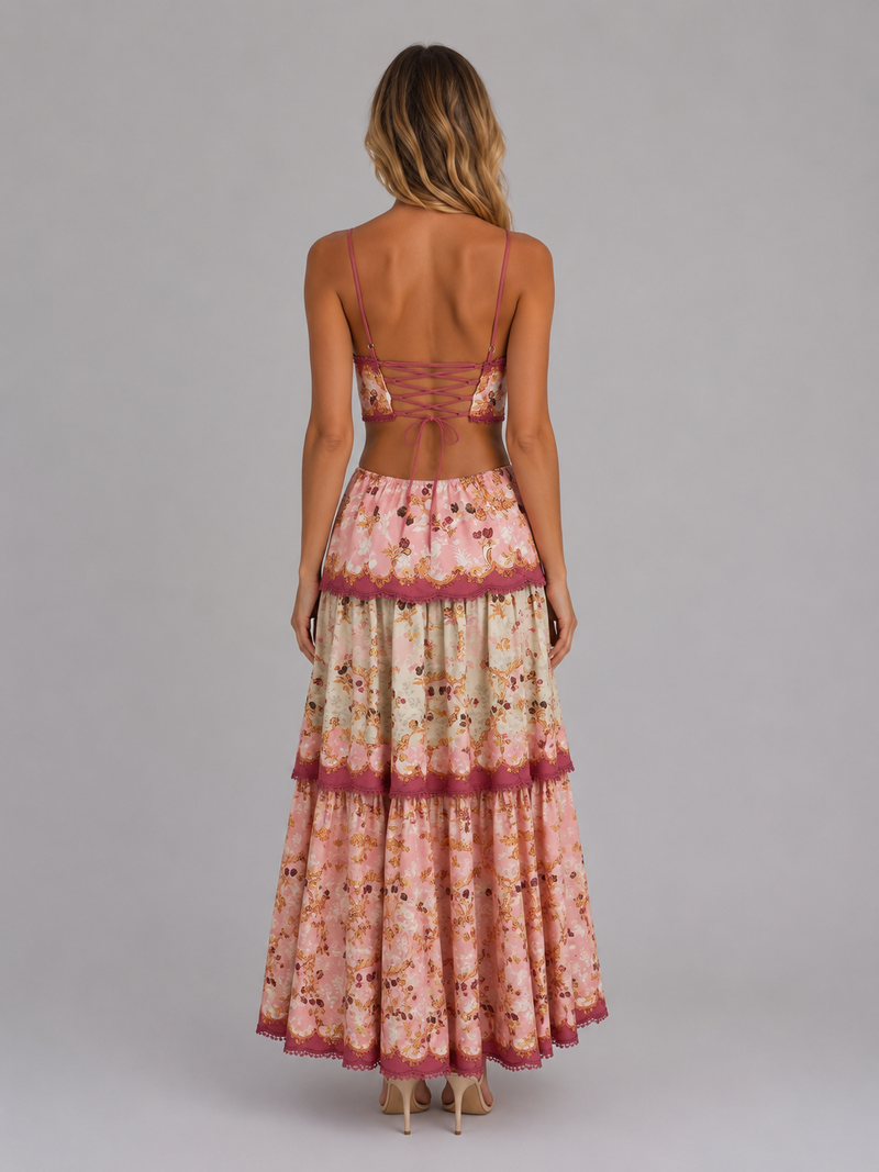 Women's Floral Cut Out Maxi Dress – Lace Up Back Style