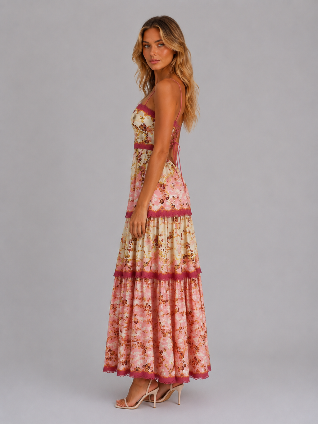 Women's Floral Cut Out Maxi Dress – Lace Up Back Style