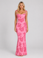Women's Floral Embroidered Maxi Dress – Tie Strap Occasion Gown