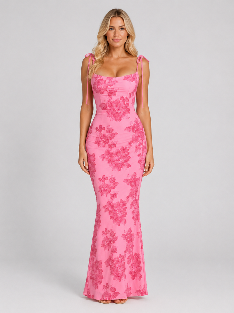 Women's Floral Embroidered Maxi Dress – Tie Strap Occasion Gown