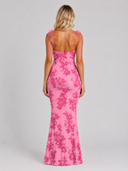 Women's Floral Embroidered Maxi Dress – Tie Strap Occasion Gown