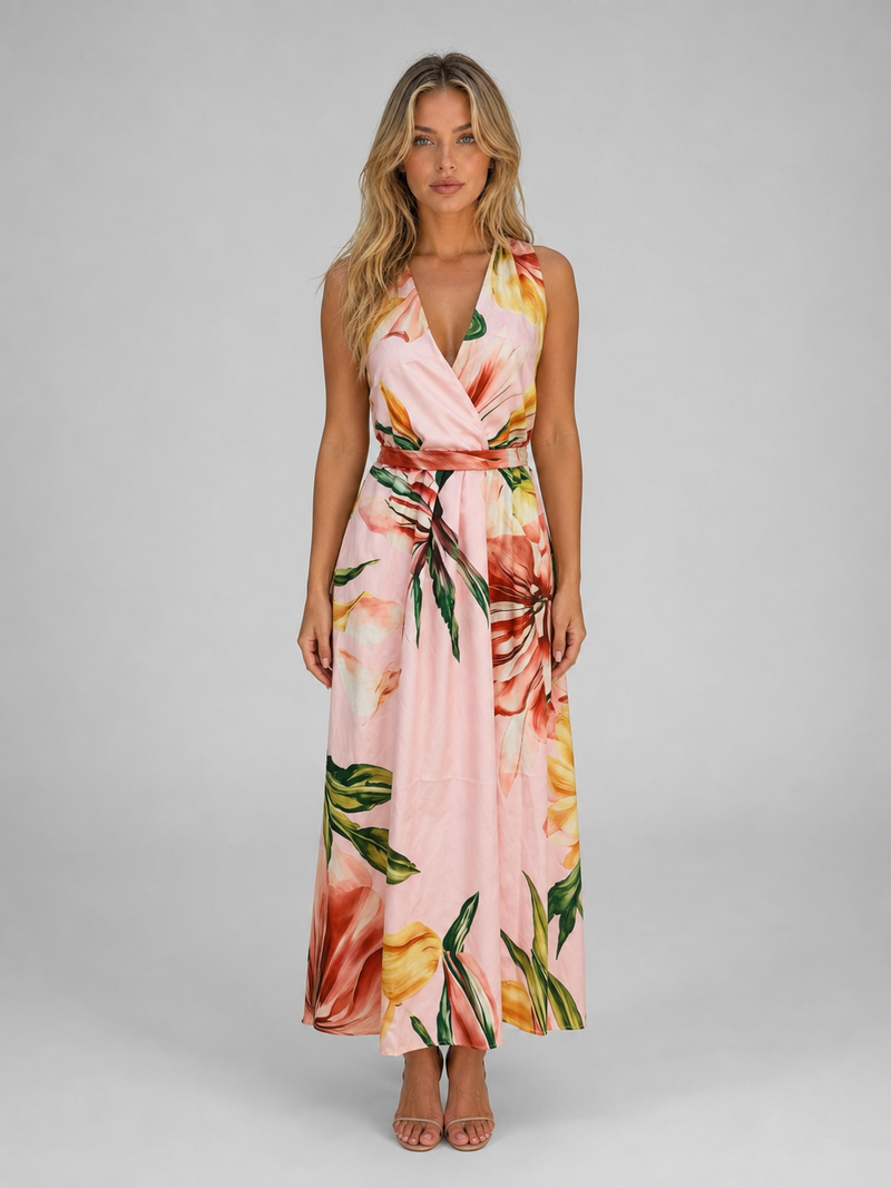 Women's Floral Halter Maxi Dress – Tie Waist Summer Occasion Style