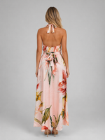 Women's Floral Halter Maxi Dress – Tie Waist Summer Occasion Style