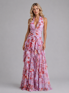 Women’s Floral Halter Maxi Dress – Wedding Guest Evening Gown