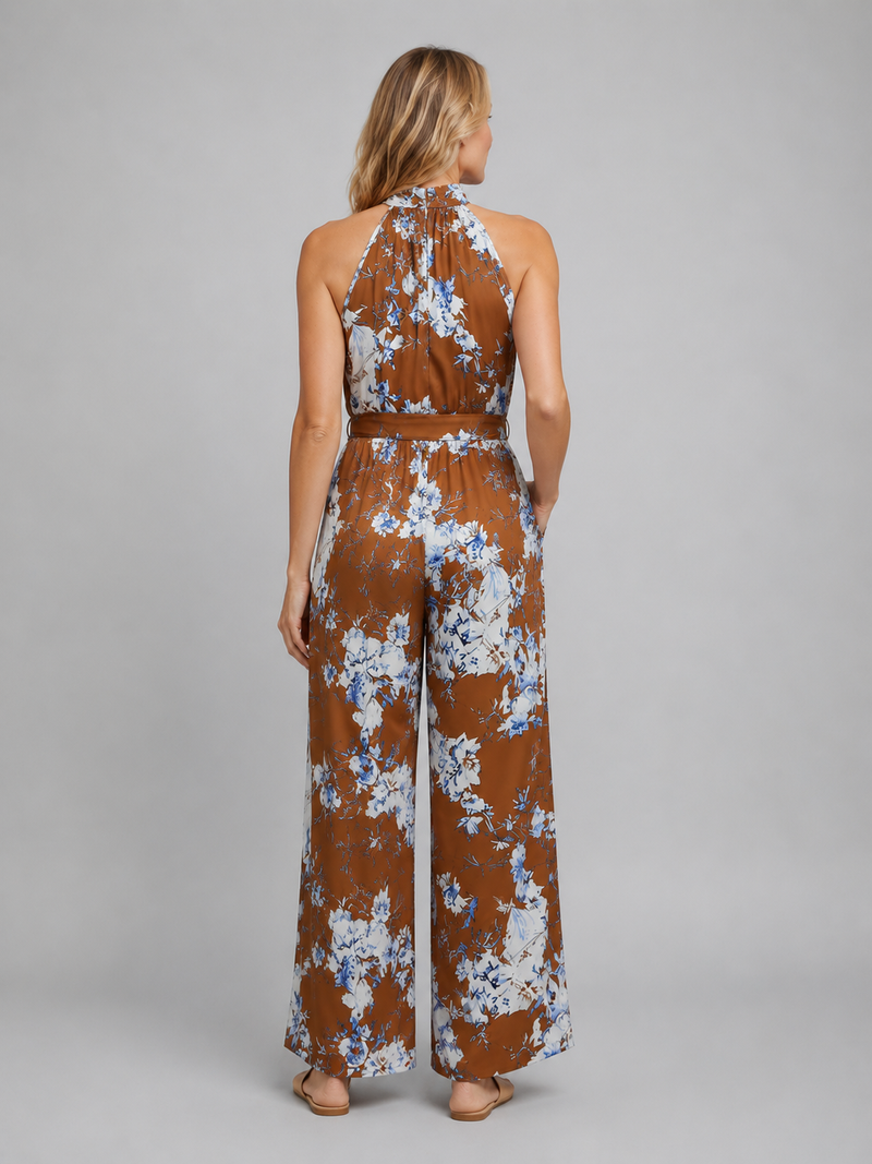 Women's Floral Halter Neck Wide Leg Jumpsuit – Tie Waist Style