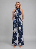 Women's Floral Halter Neck Wide Leg Jumpsuit – Tie Waist Style