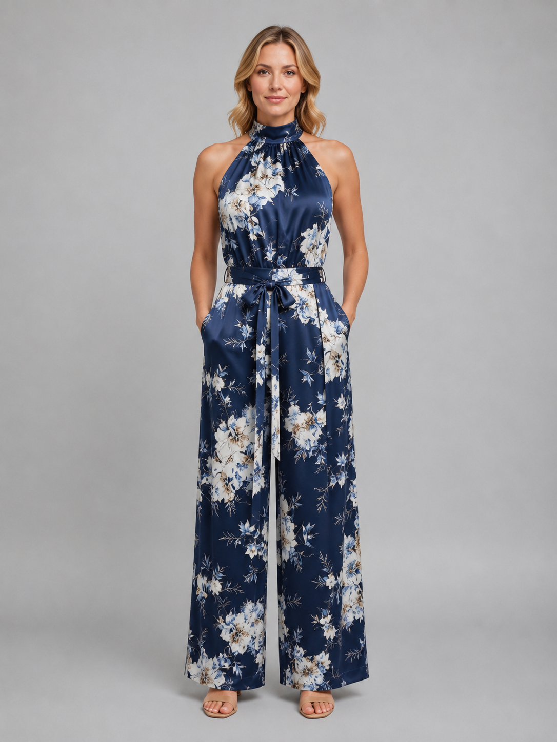 Women's Floral Halter Neck Wide Leg Jumpsuit – Tie Waist Style