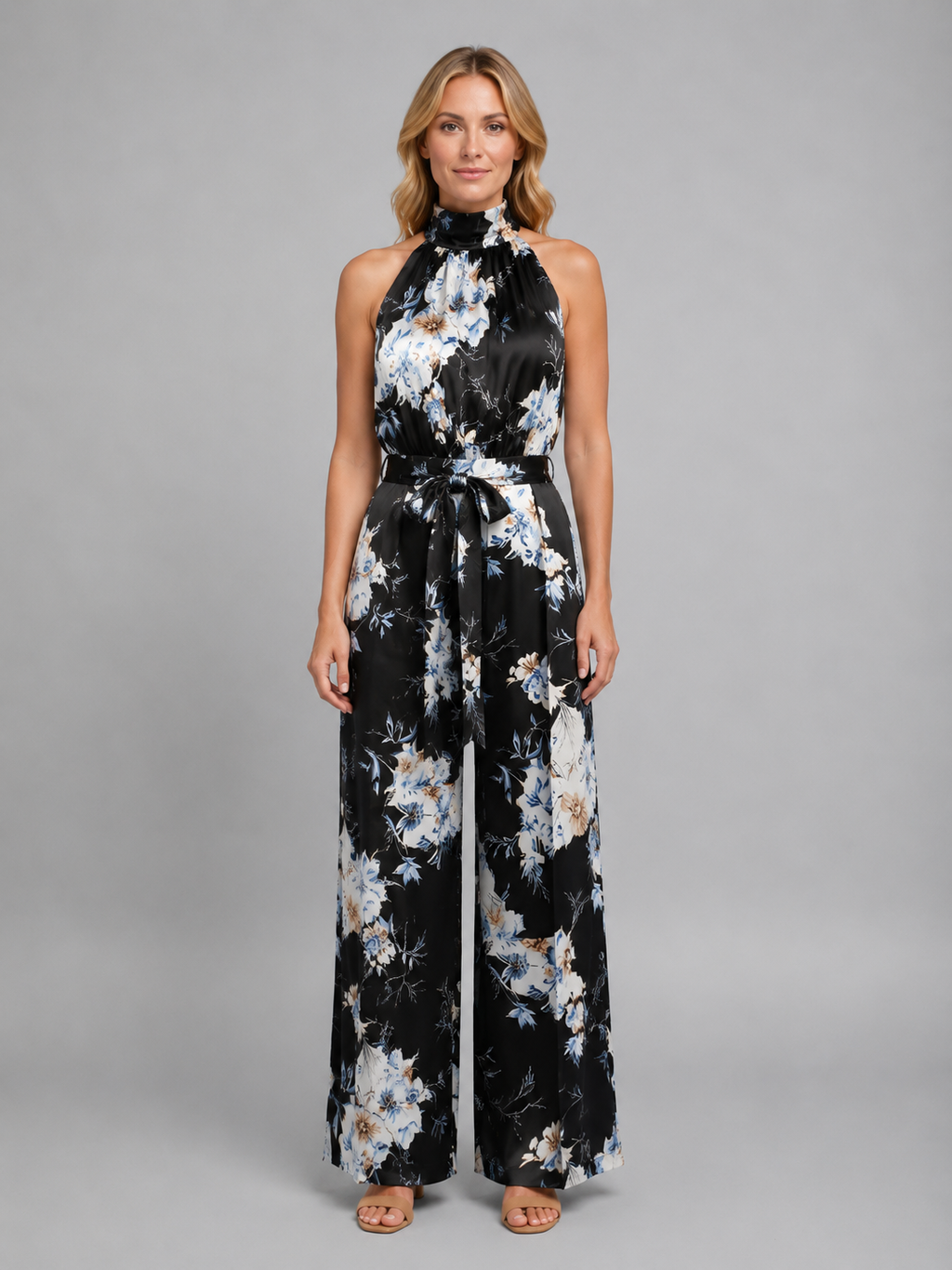 Women's Floral Halter Neck Wide Leg Jumpsuit – Tie Waist Style