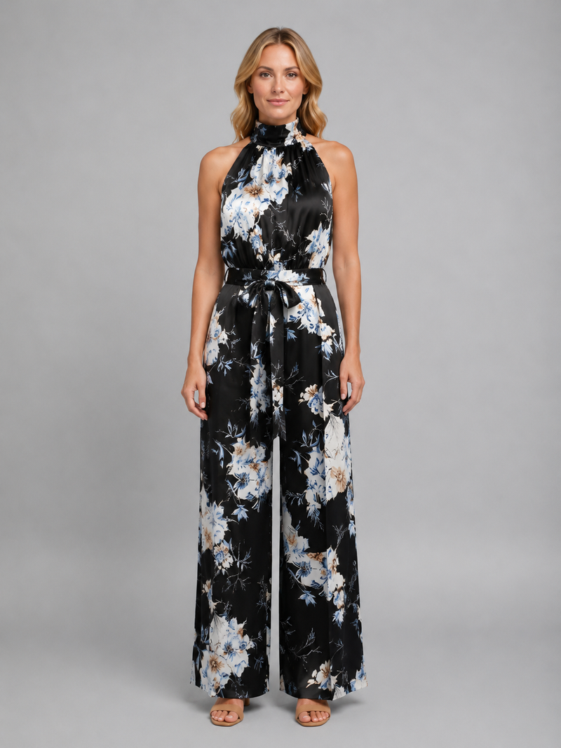 Women's Floral Halter Neck Wide Leg Jumpsuit – Tie Waist Style